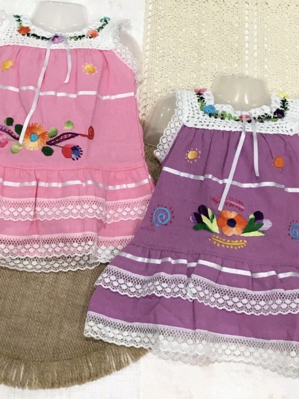 Girls' Embroidered Lace Trim Summer Dress - Pink and Purple